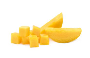 sliced ripe mango with cubes isolated on white background