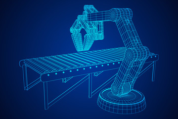 Robotic arm manufacture technology industry assembly mechanic hand and regular empty roller conveyor section wireframe low poly mesh vector illustration