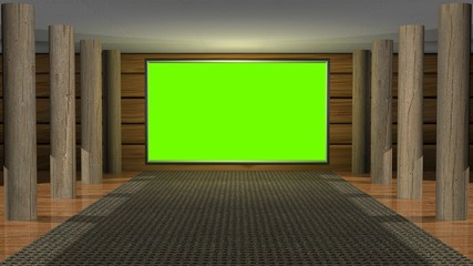 Virtual studio set. Wood theme. Green screen . 3d render