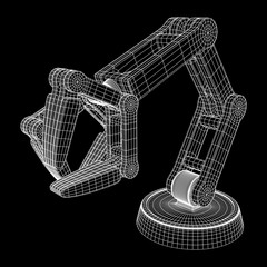 Obraz premium Robotic arm manufacture technology industry assembly mechanic hand wireframe low poly mesh vector illustration