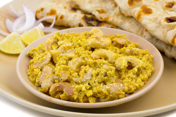 Indian Traditional Vegetarian Cuisine Kaju Curry Also Called Kaju Butter Masala Served With Tandoori Roti And Salad isolated on White Background