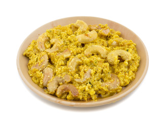 Indian Traditional Vegetarian Cuisine Kaju Curry Also Called Kaju Butter Masala isolated on White Background