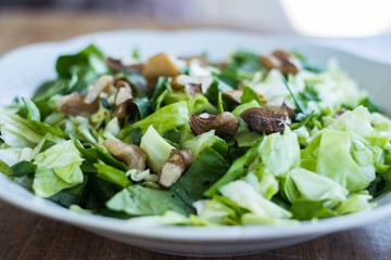 Green vegetables fresh summer salad with cabbage, spinach leaves, onion and walnuts. Raw vegan vegetarian healthy food