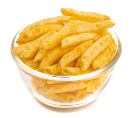 Delicious Lightly Spiced Fries Snack Served in Bowl isolated on White Background