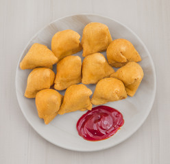Samosa with Sweet Red Chutney Indian Delicious Deep Fried Breakfast