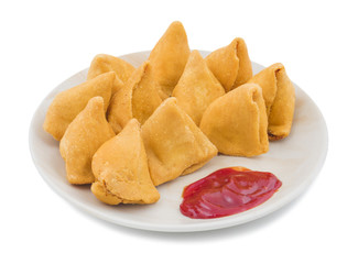 Indian Delicious Deep Fried Breakfast Samosa Also Know as Samoosa or Sambusa isolated on White Background