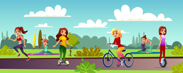 Girls leisure vector illustration of young women recreation in outdoor park. Cartoon teen characters jogging, making yoga and sport exercise, riding bicycle or mono-wheel and hoverboard or gyroscooter
