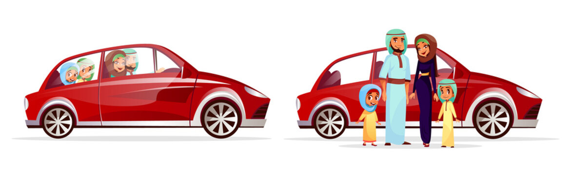 Arabian Family Car Vector Illustration. Cartoon Arab People Characters Of Mother Woman And Father Man With Children Or Kids, Daughter Girl And Son Boy In Traditional National Clothing Driving Auto