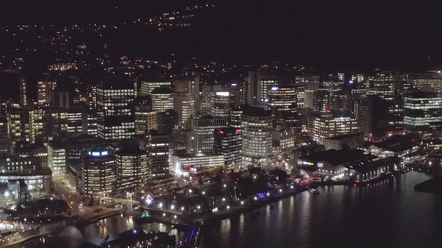Rising Aerial, City Skyline At Night 