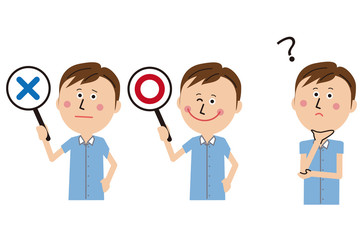 ポップな半袖の男性　〇×ハテナ