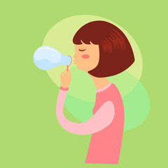 Woman playing soap bubbles. Cute Girl blowing Soap bubble isolated on green background.