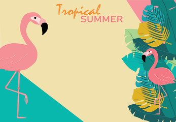 Summer Pink pastel flamingos and topical leaves on tree pastel colour tone background , tropical summer concept with copy space