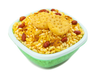 Indian Street Spicy Food Bhel puri is a savoury snack, and is also a type of chaat. It is made of puffed rice, vegetables and a tangy tamarind sauce. isolated on white background