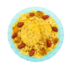 Indian Street Spicy Food Bhel puri is a savoury snack, and is also a type of chaat. It is made of puffed rice, vegetables and a tangy tamarind sauce. isolated on white background