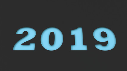 Blue 2019 number cut in black paper