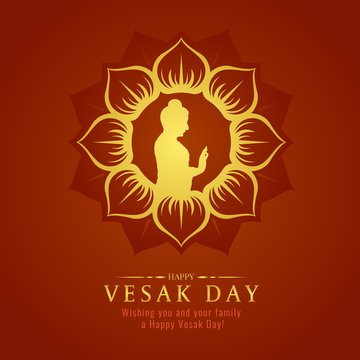 Vesak day banner card with Gold Buddha sign in Lotus petals circle frame vector design
