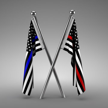 Flags Honoring Police And Firefighters - 3d Render