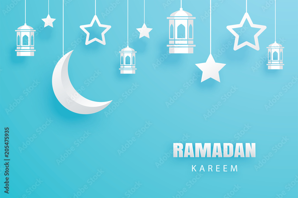 Poster Ramadan Kareem greeting card paper art background. Eid Mubarak moon and stars banner illustration design. Use for Islamic flyer, poster, brochure, sale.