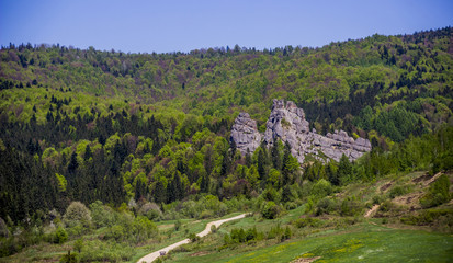 Tustan fortress place. A Medieval cliff-side fortress-city, archaeological and natural monument in Lviv region of Western Ukraine