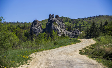 Tustan fortress place. A Medieval cliff-side fortress-city, archaeological and natural monument in Lviv region of Western Ukraine