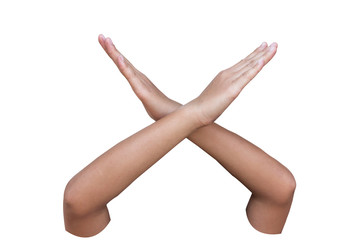 bad attitude making stop sign with hand, expressing security, defense or restriction, maybe pushing