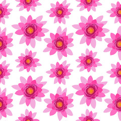 Fototapeta na wymiar Beautiful pink lotus flower blossom seamless pattern isolated on white background. Colorful bloom nature vector illustration for wallpaper or wrapping paper, print or yoga design