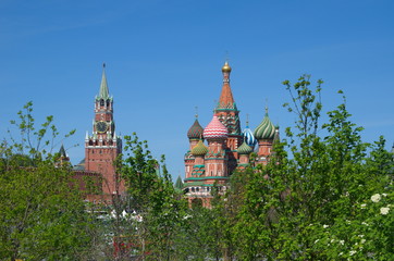 Spring view of the Pokrovsky Cathedral (St. Basil's Cathedral) and the Spasskaya tower of the Moscow Kremlin, Russia