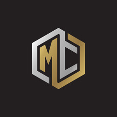 Initial letter MC, looping line, hexagon shape logo, silver gold color on black background - obrazy, fototapety, plakaty
