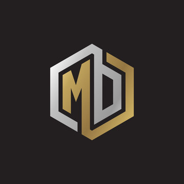 recommend clip art: Initial letter MD, MO, looping line, hexagon shape logo, silver gold color on black background
