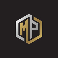 Initial letter MP, looping line, hexagon shape logo, silver gold color on black background