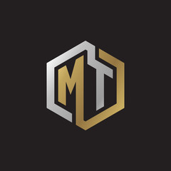 Initial letter MT, looping line, hexagon shape logo, silver gold color on black background - obrazy, fototapety, plakaty