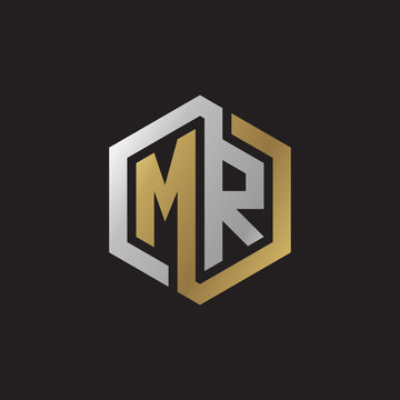 Initial letter MR, looping line, hexagon shape logo, silver gold color on black background