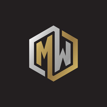 Initial letter MW, looping line, hexagon shape logo, silver gold color on black background