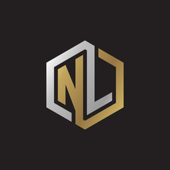 Initial letter NL, looping line, hexagon shape logo, silver gold color on black background