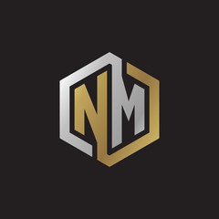 Initial letter NM, looping line, hexagon shape logo, silver gold color on black background