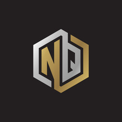 Initial letter NQ, looping line, hexagon shape logo, silver gold color on black background