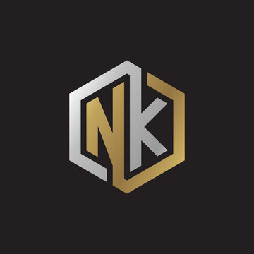 Initial letter NK, looping line, hexagon shape logo, silver gold color on black background