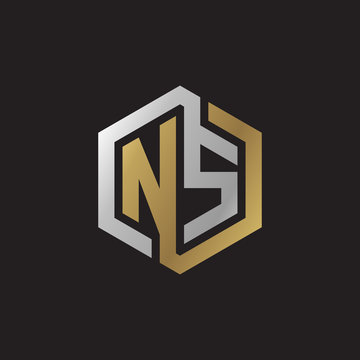 Initial letter NS, looping line, hexagon shape logo, silver gold color on black background