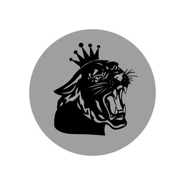 Black panther with crown on his head, gray round icon on white background,