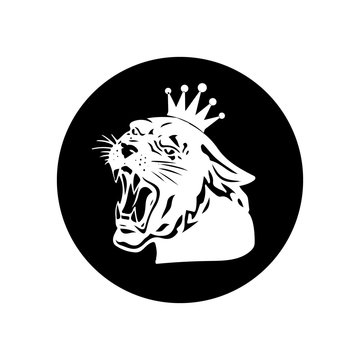 White panther with crown on his head, black round icon on white background,