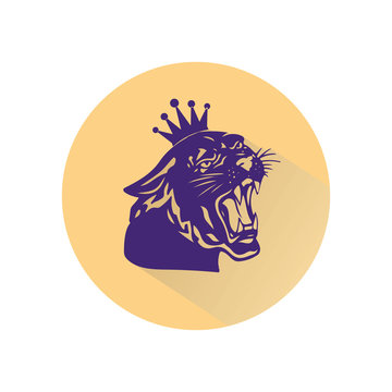 Blue panther with crown on his head and open mouth, beige round icon in a flat style on white background,