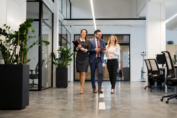 Business partners walking down in office building and discussing work