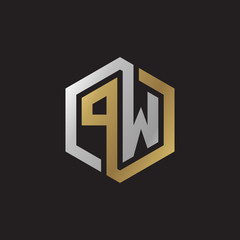 Initial letter PW, looping line, hexagon shape logo, silver gold color on black background