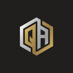 Initial letter QA, looping line, hexagon shape logo, silver gold color on black background