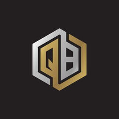 Initial letter QB, looping line, hexagon shape logo, silver gold color on black background