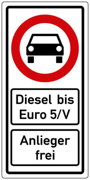 ks306 Kombi-Schild - PKW Durchfahrtsverbot - Fahrverbot - Diesel bis Euro 5/V - Anlieger frei - Dieselfahrverbot - Designmuster Vorschlag - Verbotsschild - Fahrverbotsschild - banner 1zu2 xxl g6105
