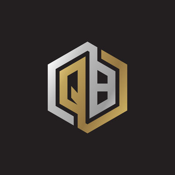 Initial letter QB, looping line, hexagon shape logo, silver gold color on black background