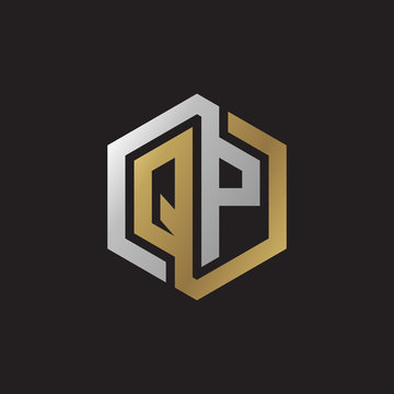 Initial letter QP, looping line, hexagon shape logo, silver gold color on black background