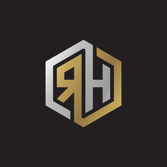 Initial letter RH, looping line, hexagon shape logo, silver gold color on black background