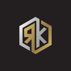 Initial letter RK, looping line, hexagon shape logo, silver gold color on black background
